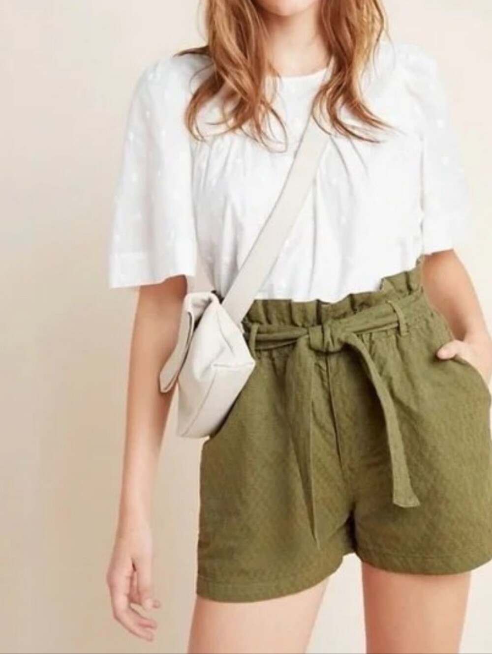 ANTHROPOLOGIE AMADI  RHYS TEXTURED PAPERBAG SHORTS OLIVE GREEN SIZE LARGE